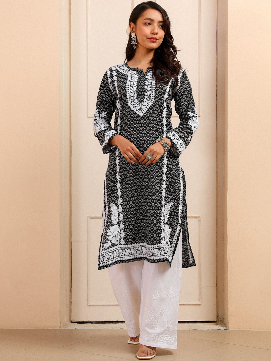 

House of Chikankari Chikankari Printed Kurta, Black