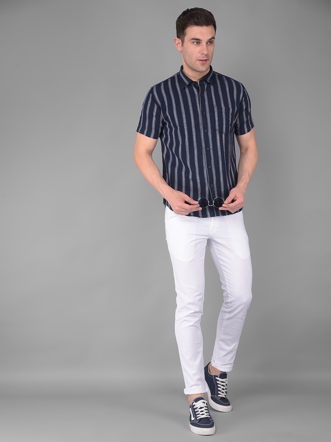 

COBB India Slim Fit Vertical Striped Cotton Casual Shirt, Navy blue