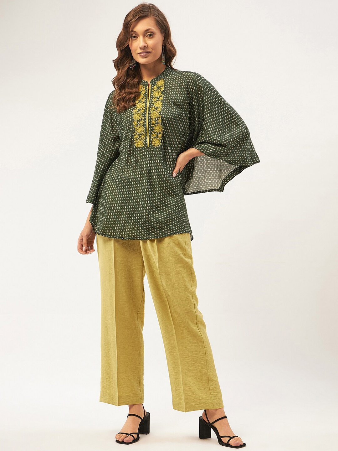 

STADO Printed & Embroidered Yoke Pure Cotton Kaftan Top & Trousers Co-Ords, Olive