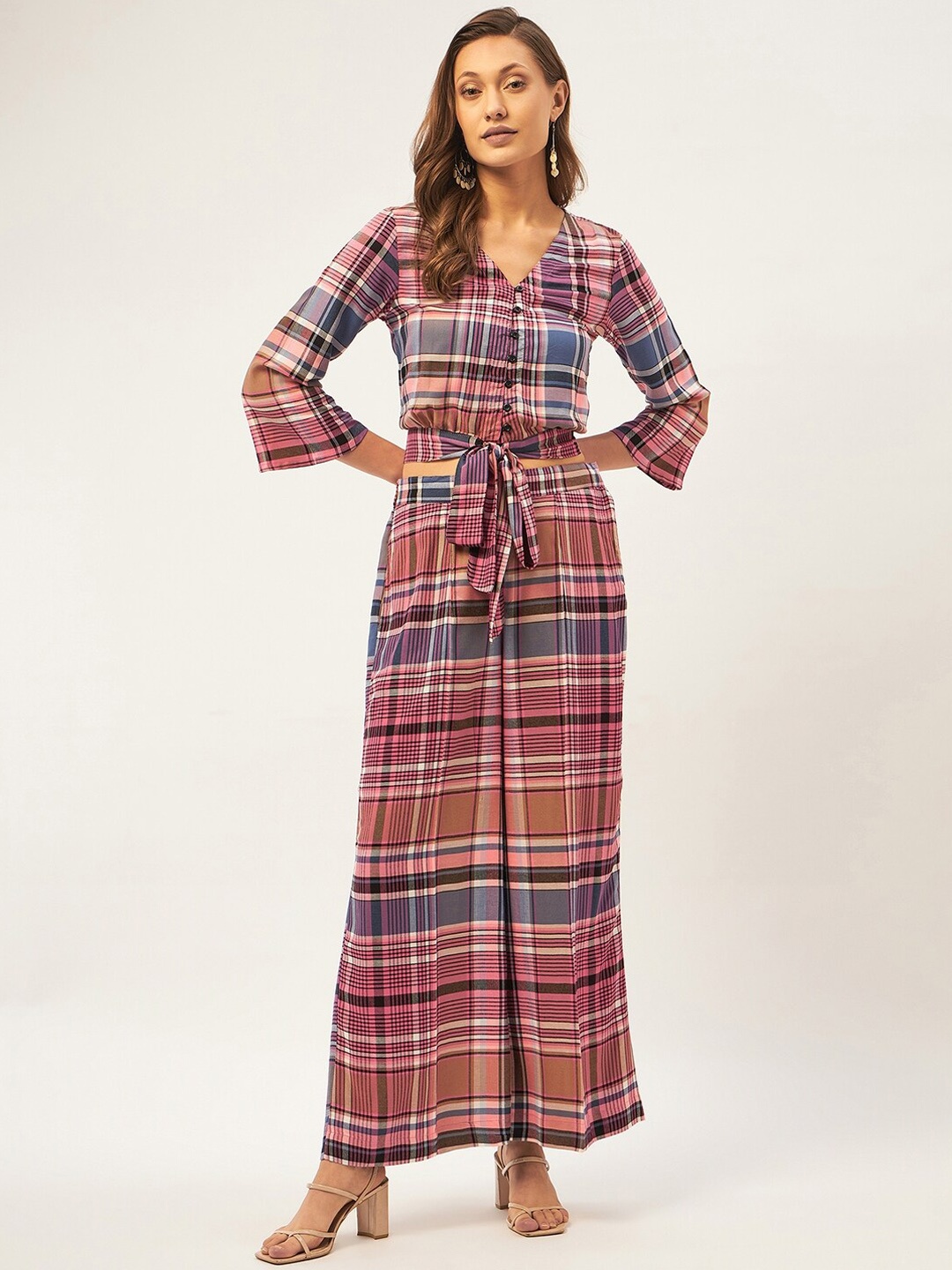 

STADO Checked Pure Cotton Top With Palazzos Co-Ords, Pink