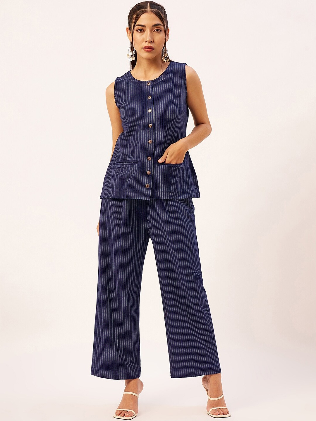 

STADO Striped Pure Cotton Top With Trouser, Blue