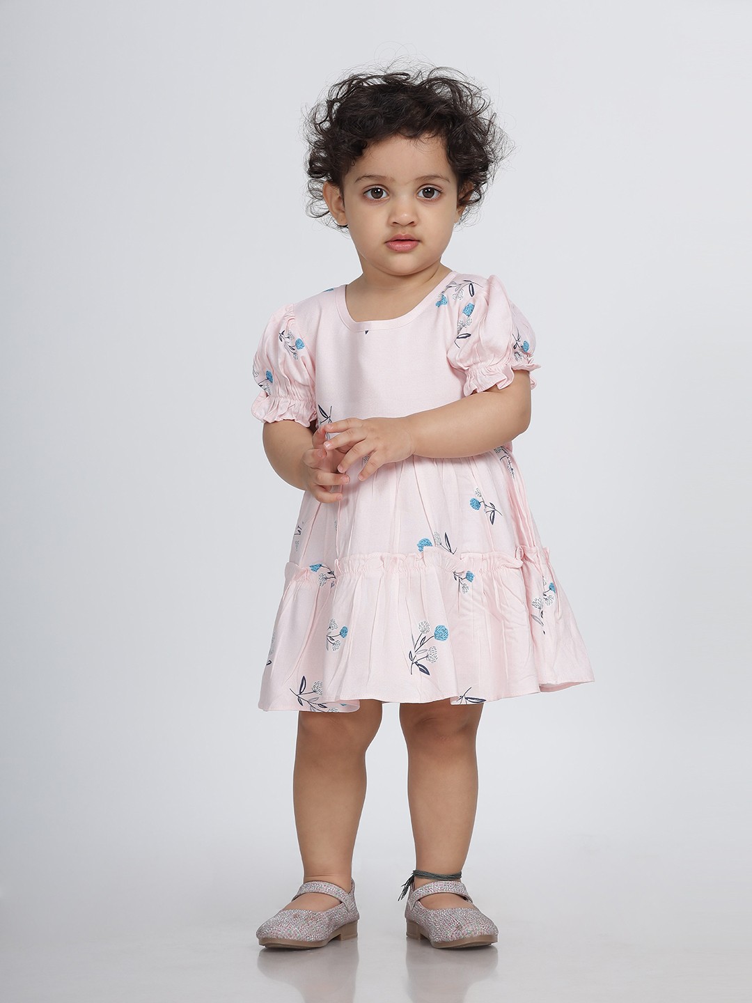 

IDAA Round Neck Puff Sleeves Floral Print Fit & Flare Cotton Dress, Pink