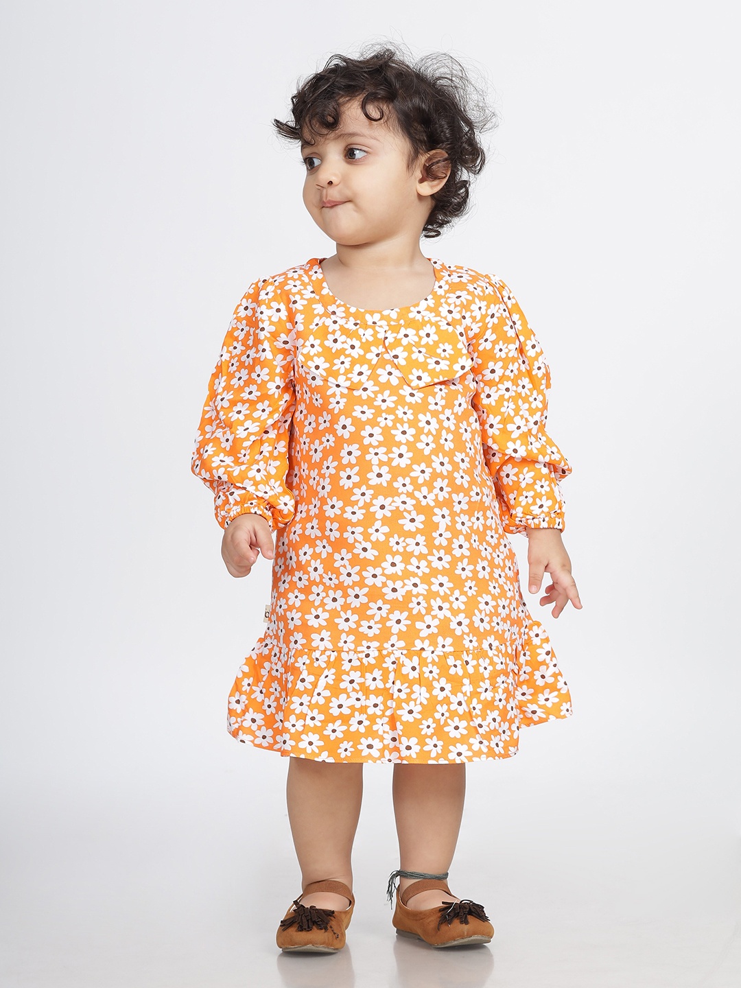 

IDAA Girls Round Neck Floral Print Puff Sleeve Cotton A-Line Dress, Orange