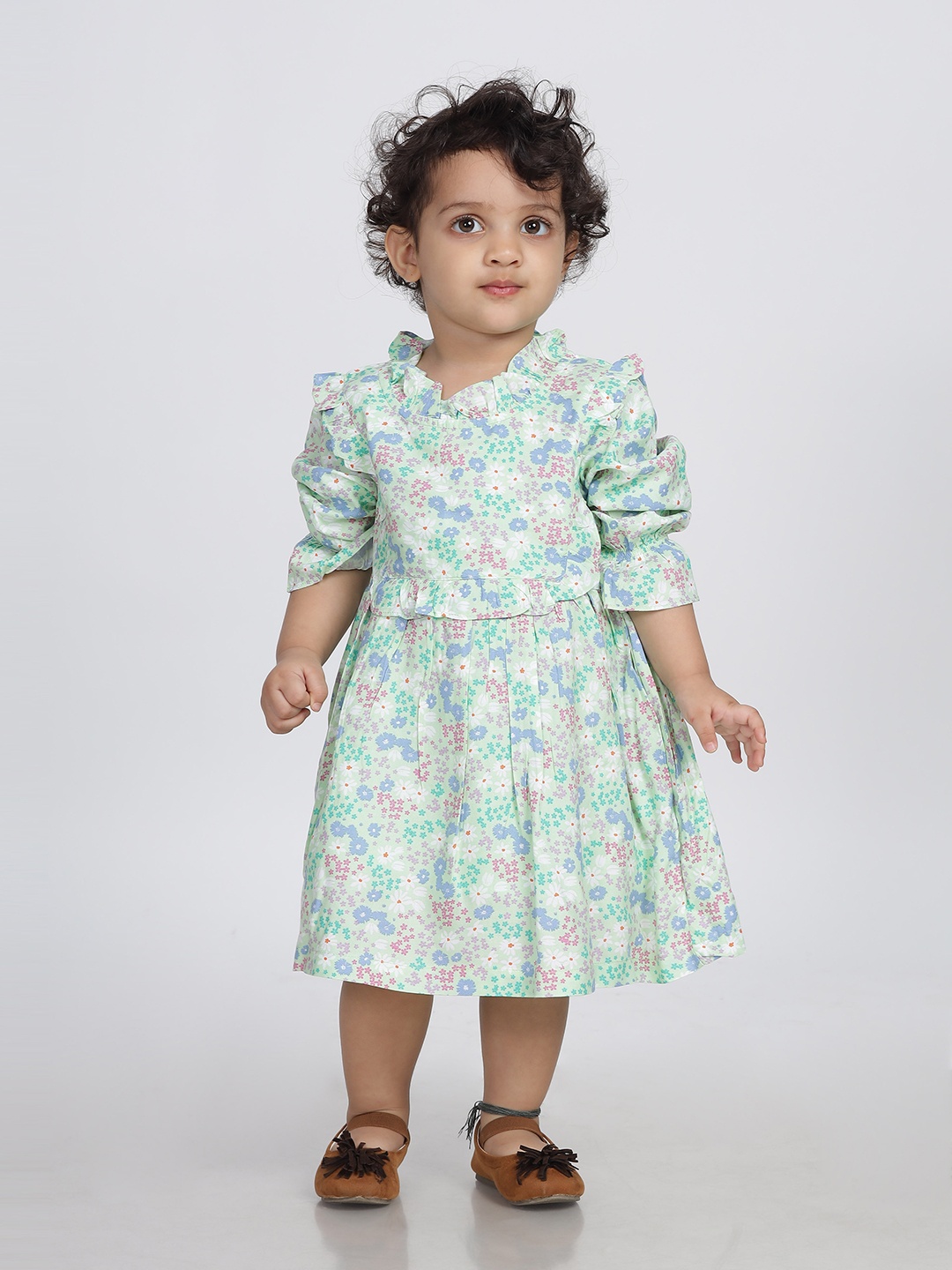 

IDAA Floral Print Round Neck Cotton Puff Sleeve Fit & Flare Midi Dress, Green