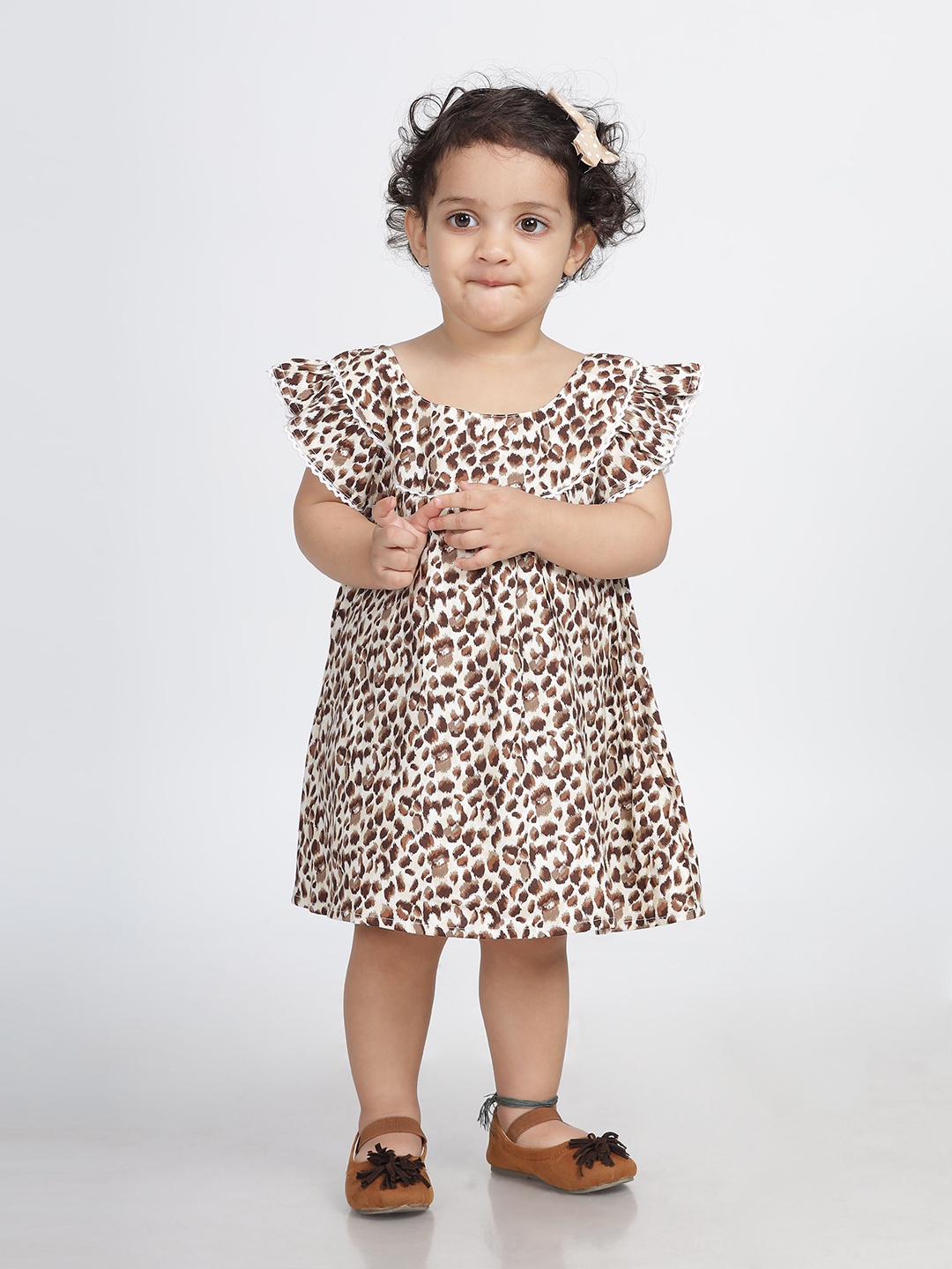 

IDAA Animal Print Round Neck Flutter Sleeve Cotton A-Line Dress, Brown