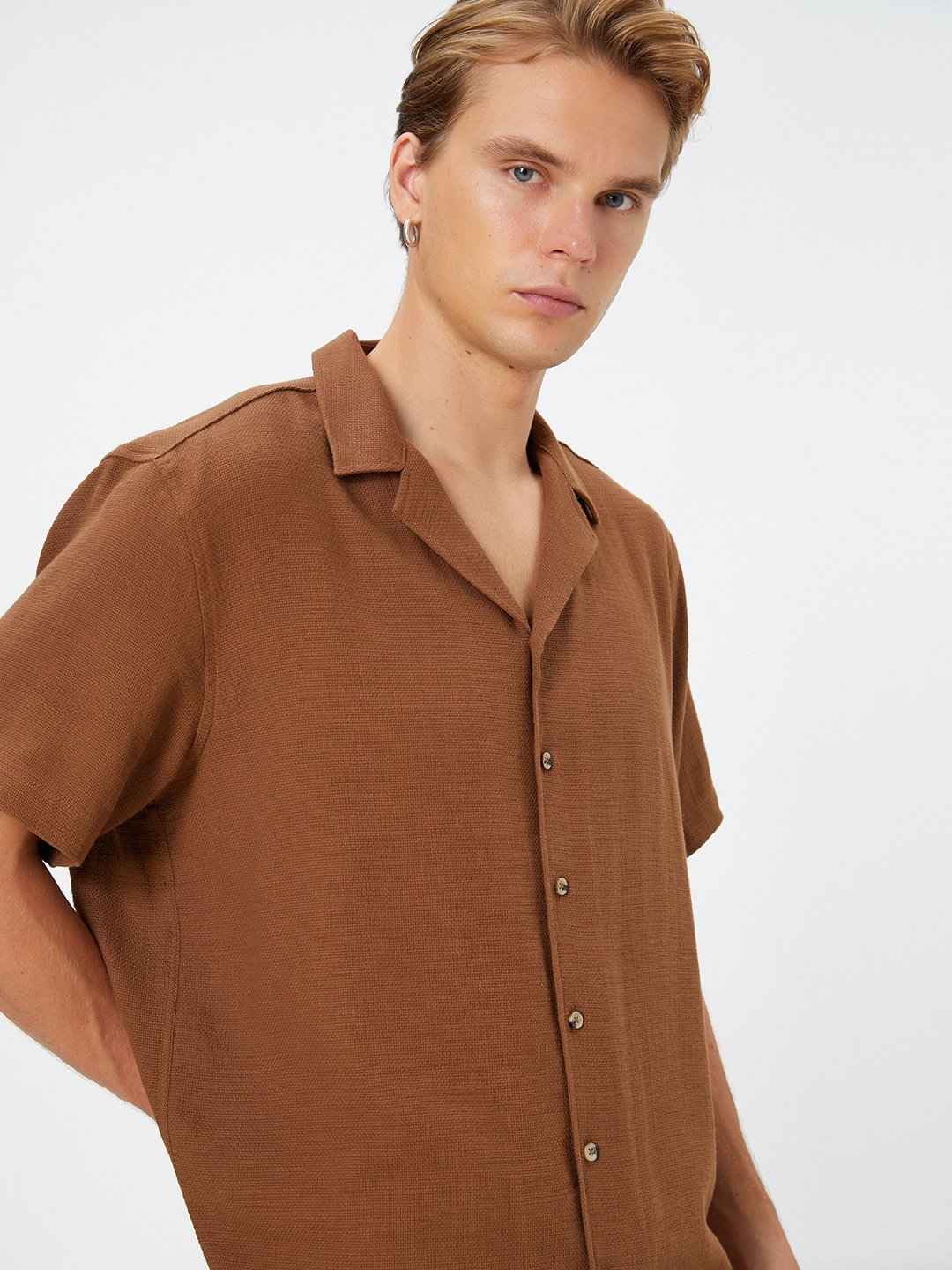 

Koton Cuban Collar Pure Cotton Casual Shirt, Brown