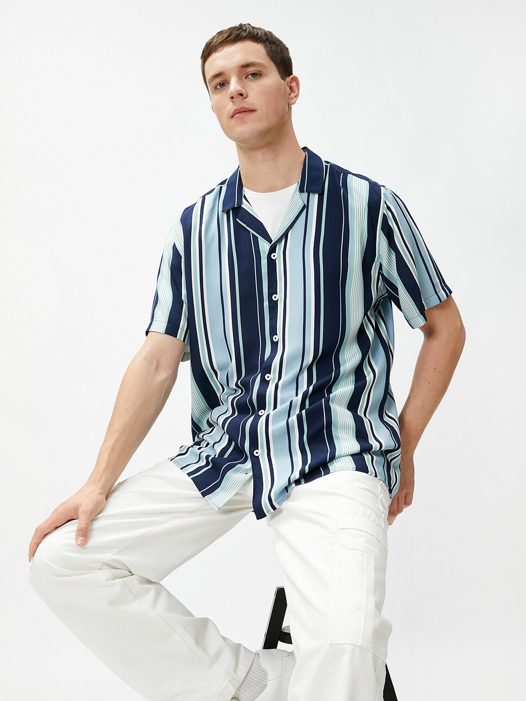 

Koton Striped Spread Collar Short Sleeves Casual Shirt, Beige