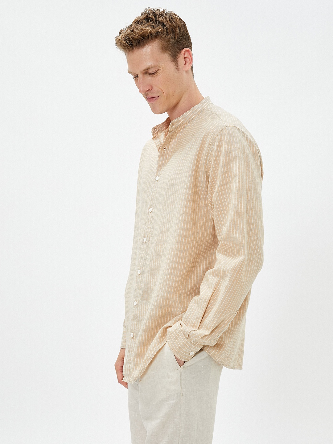 

Koton Vertical Striped Band Collar Casual Shirt, Beige