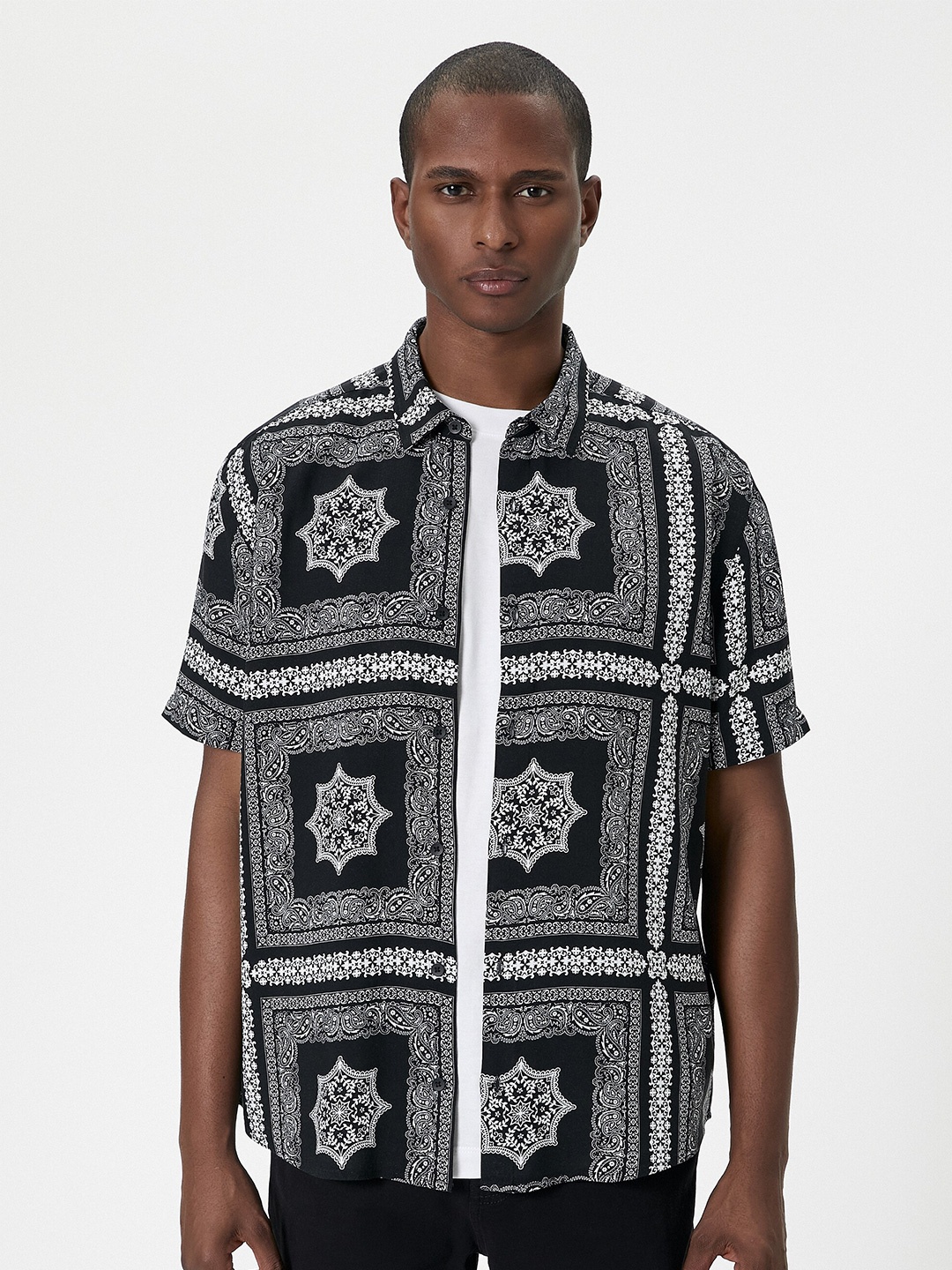 

Koton Ethnic Motifs Printed Spread Collar Short Sleeves Opaque Casual Shirt, Black