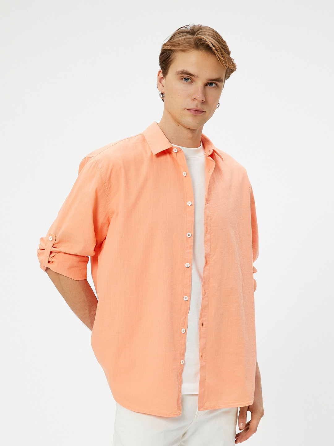 

Koton Spread Collar Roll Up Sleeves Cotton Casual Shirt, Orange