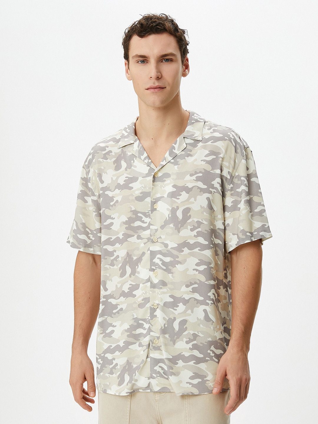 

Koton Camouflage Printed Cuban Collar Casual Shirt, Beige