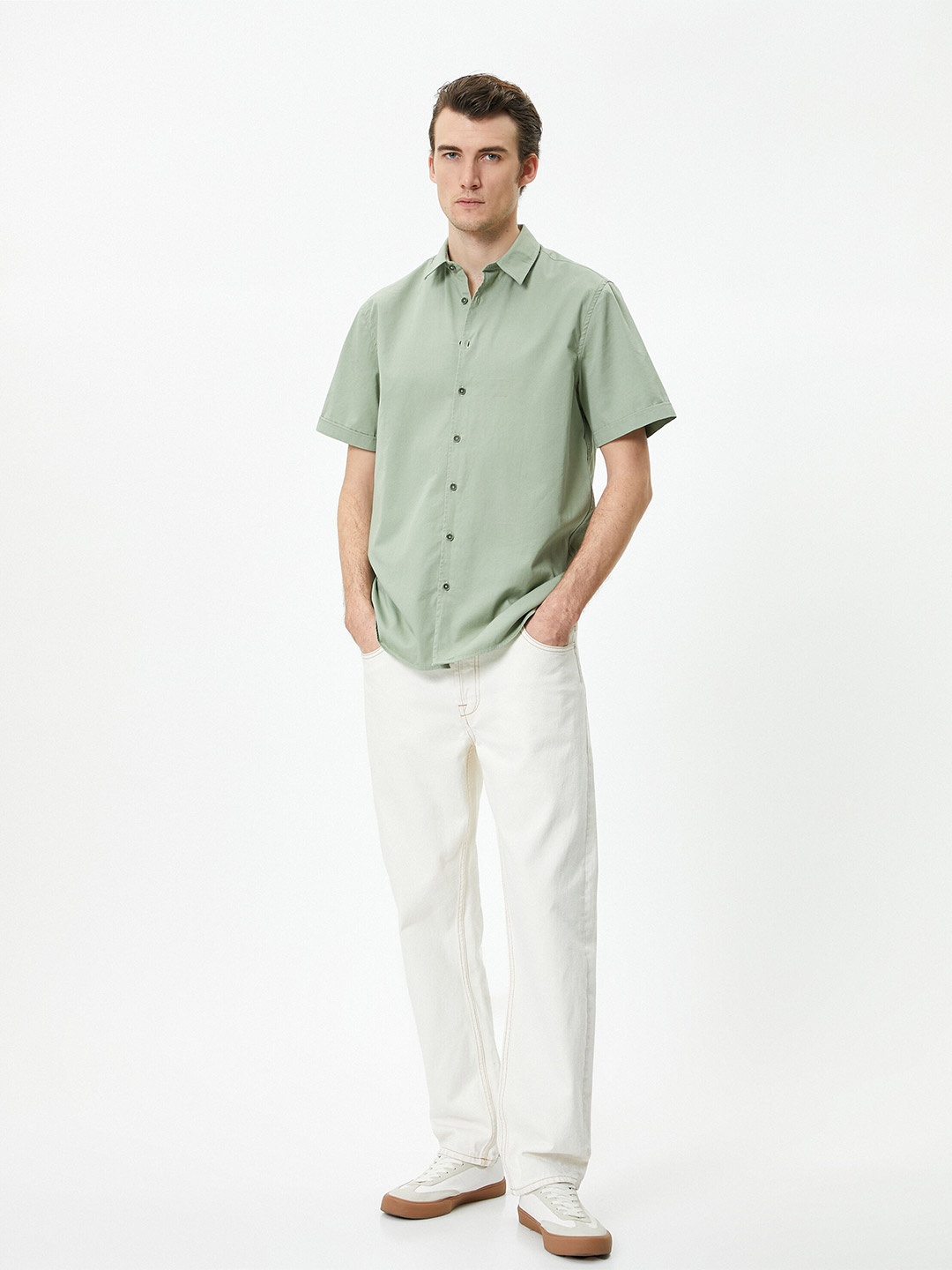 

Koton Spread Collar Short Sleeves Cotton Casual Shirt, Green
