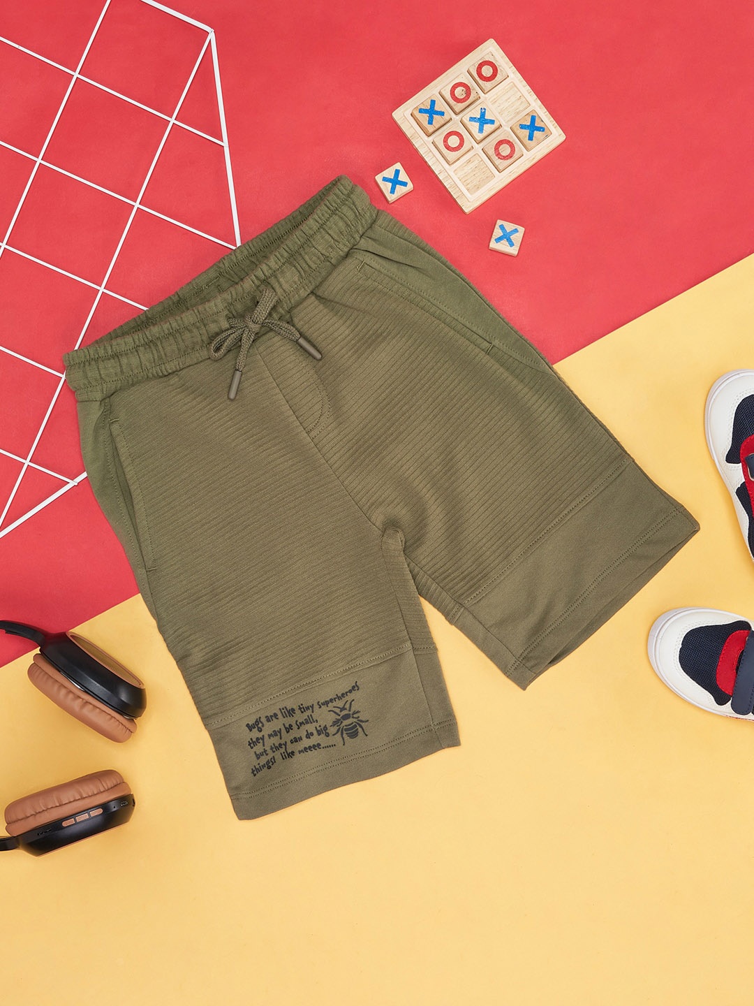 Pantaloons Junior Boys Self Design Pure Cotton Shorts, Olive