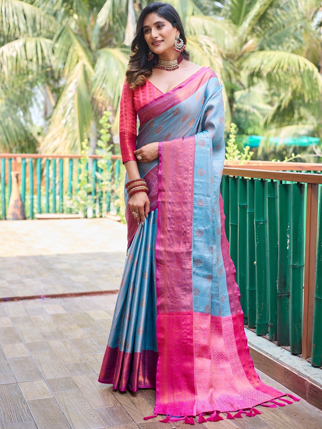

LeeliPeeri Designer Ethnic Motifs Woven Design Zari Detailed Kanjeevaram Saree, Blue