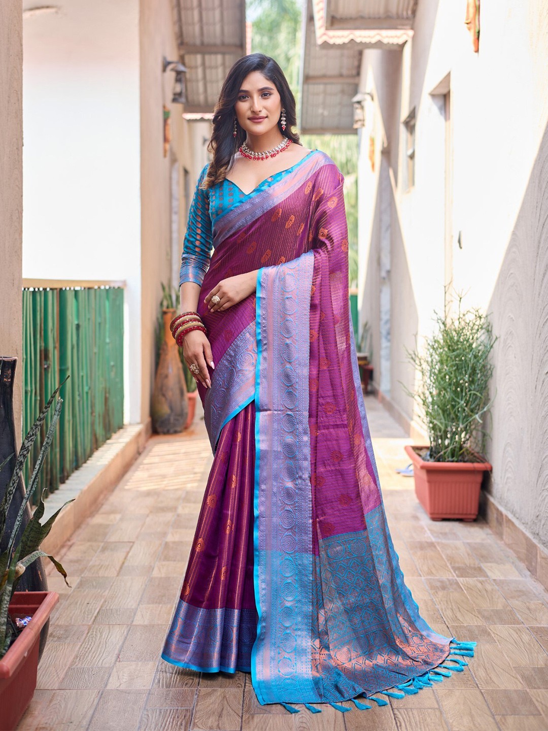 

LeeliPeeri Designer Ethnic Motifs Woven Design Zari Detailed Kanjeevaram Saree, Purple