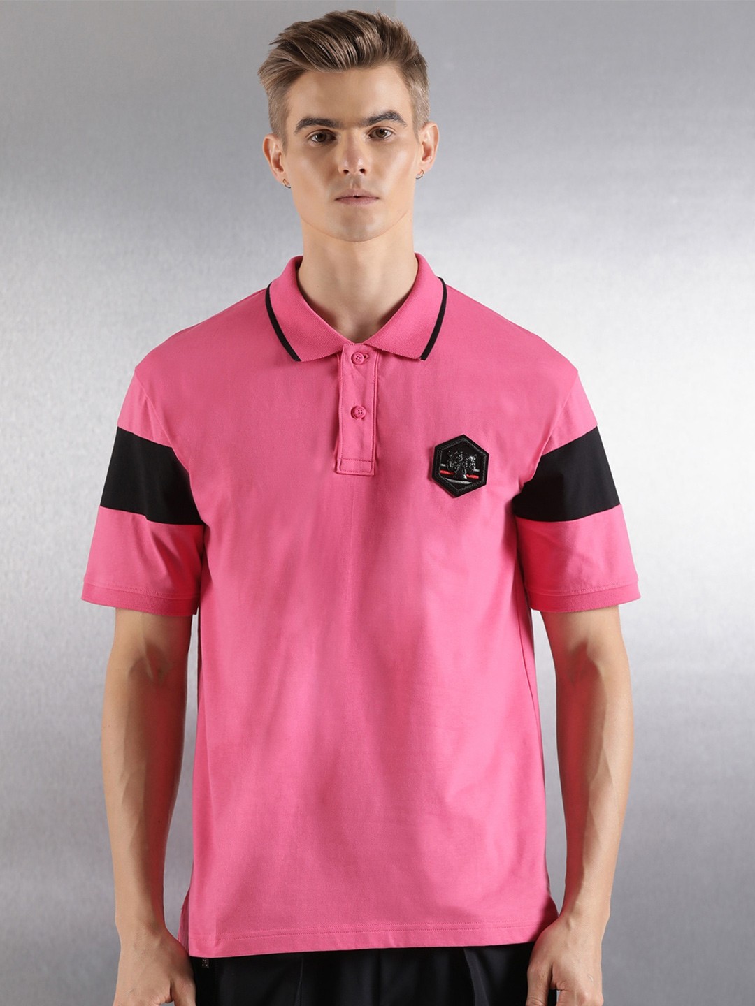 

Breakbounce Relaxed Fit Colourblocked Polo Collar Pure Cotton T-shirt, Pink