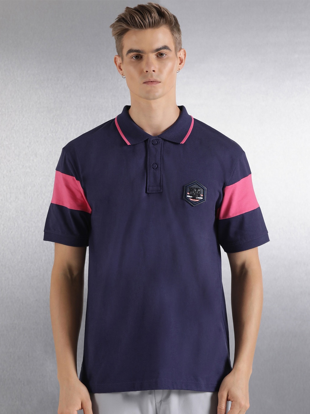 

Breakbounce Relaxed Fit Colourblocked Polo Collar Pure Cotton T-shirt, Navy blue