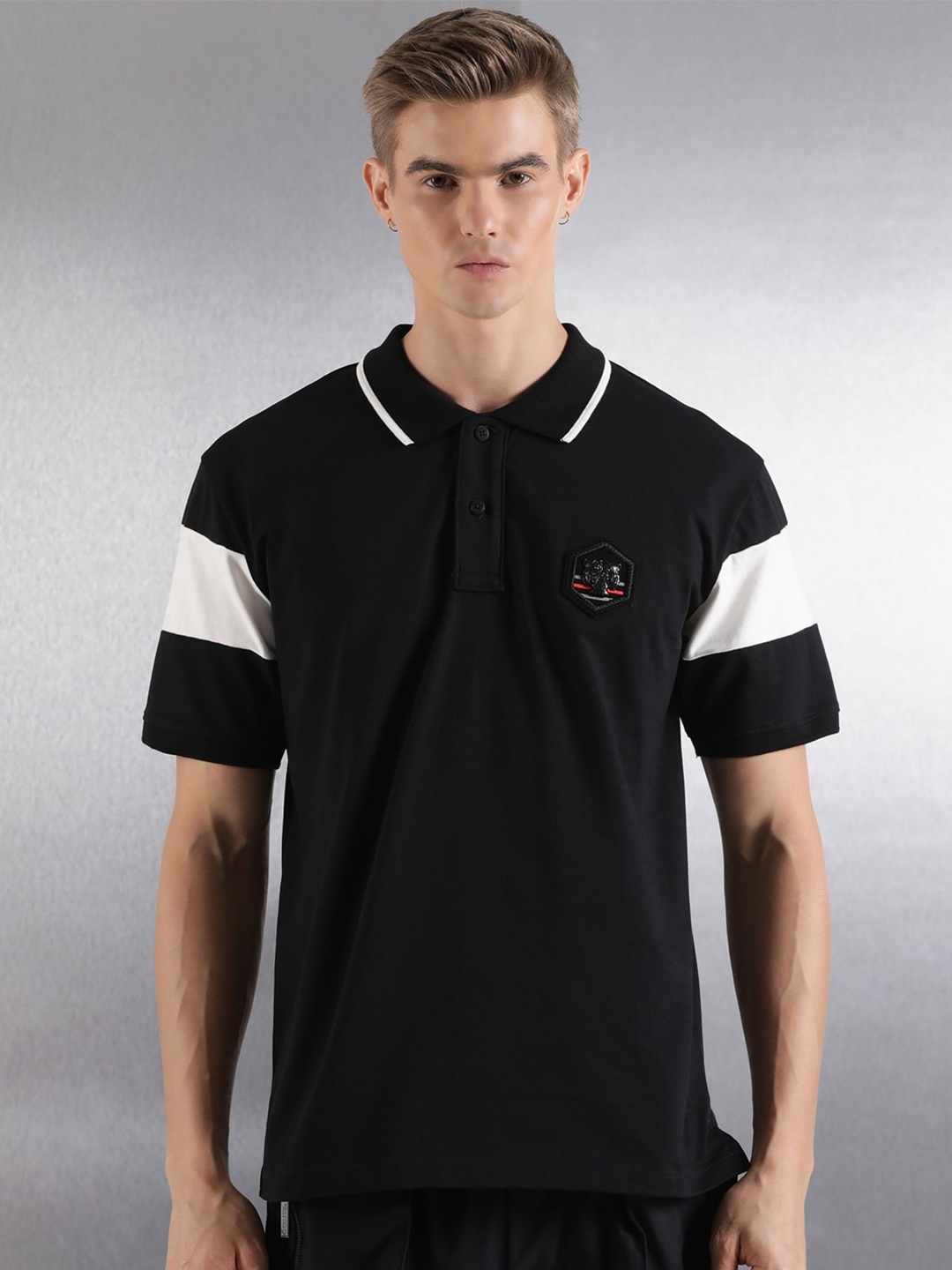 

Breakbounce Relaxed Fit Colourblocked Polo Collar Pure Cotton T-shirt, Black