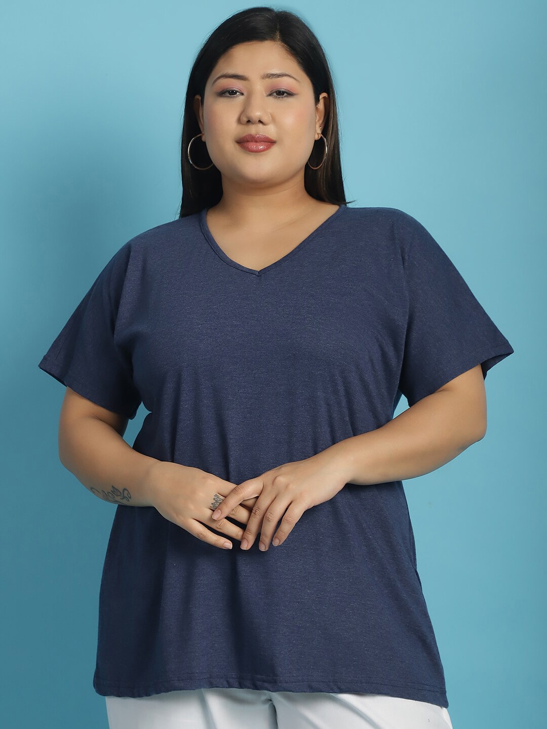 

theRebelinme Plus Size V Neck Extended Sleeves Cotton T-shirt, Blue