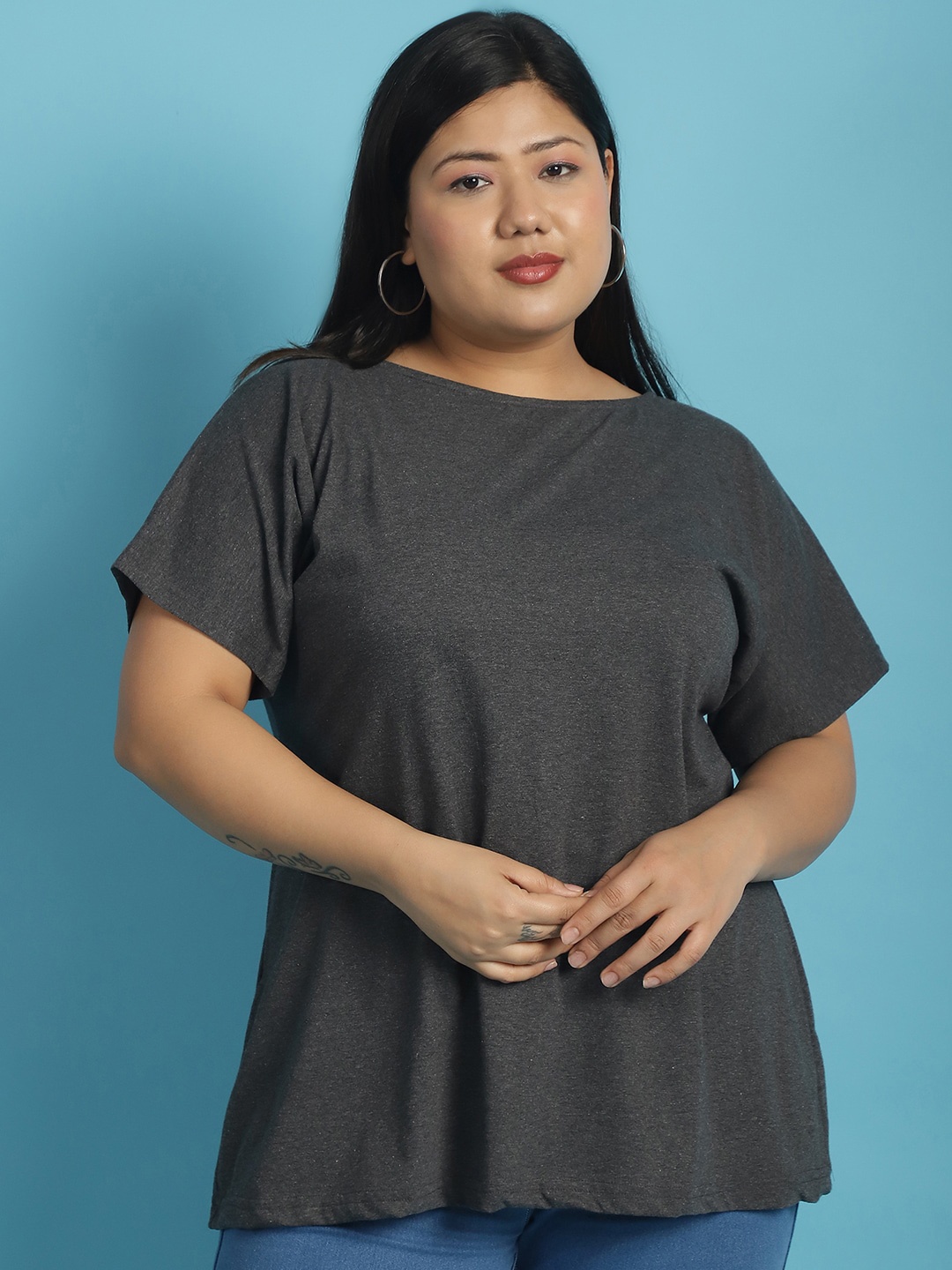 

theRebelinme Plus Size Boat Neck Extended Sleeves Cotton T-shirt, Charcoal