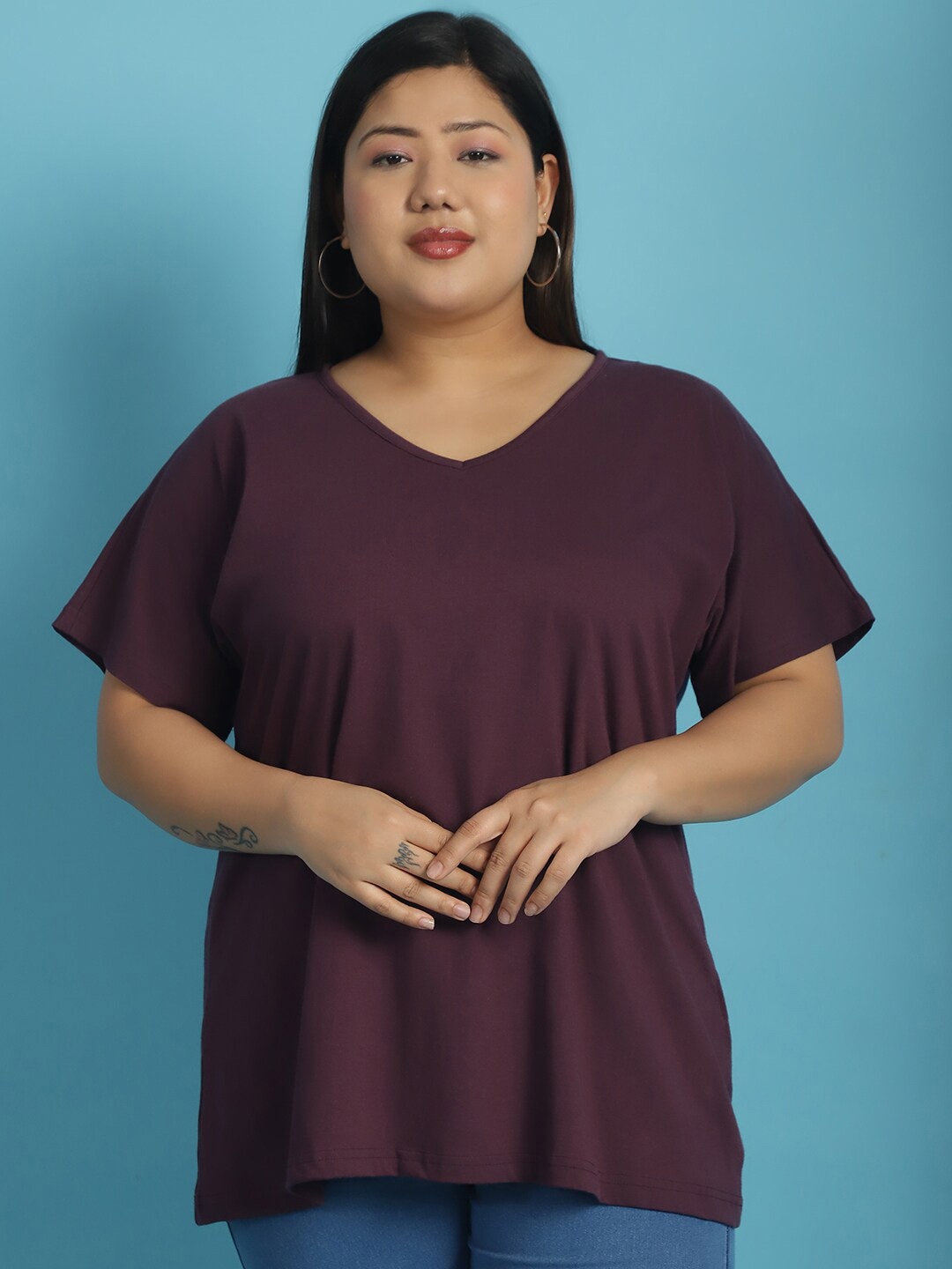 

theRebelinme Plus Size V-Neck Extended Sleeves Cotton T-shirt, Purple