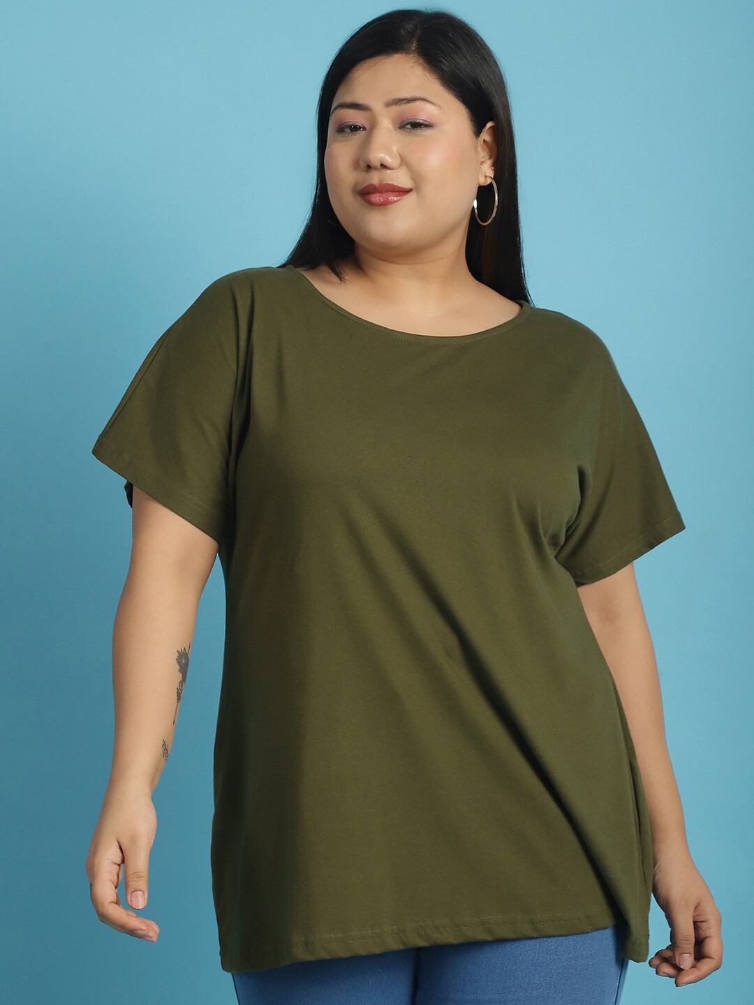 

theRebelinme Plus Size Boat Neck Extended Sleeves Cotton T-shirt, Olive