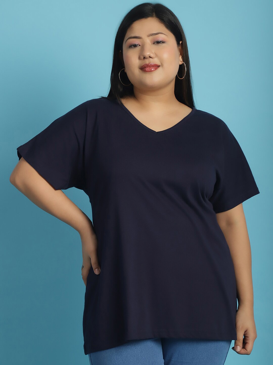 

theRebelinme Plus Size V-Neck Extended Sleeves Cotton T-shirt, Navy blue