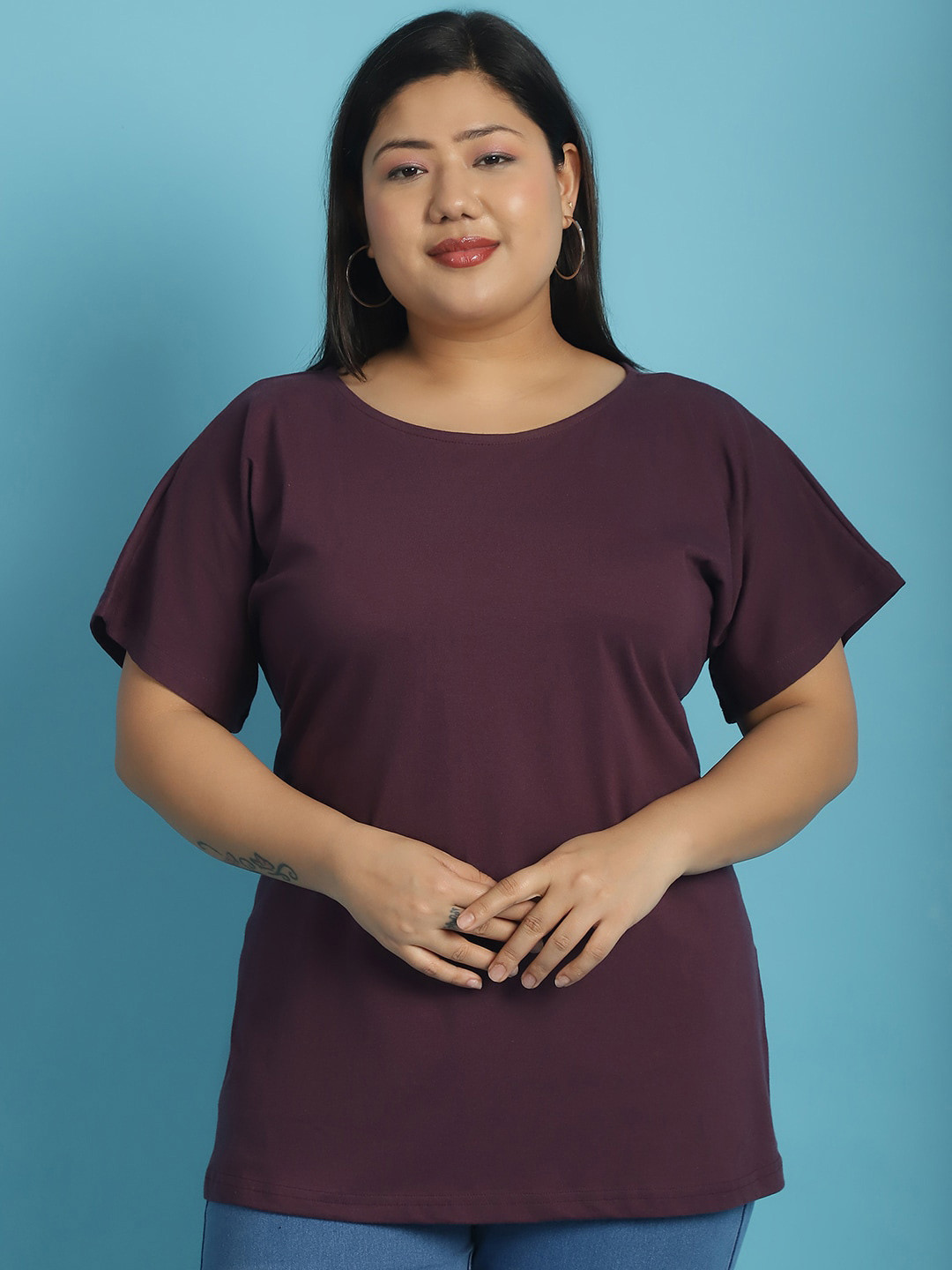 

theRebelinme Plus Size Boat Neck Extended Sleeves Cotton T-shirt, Purple