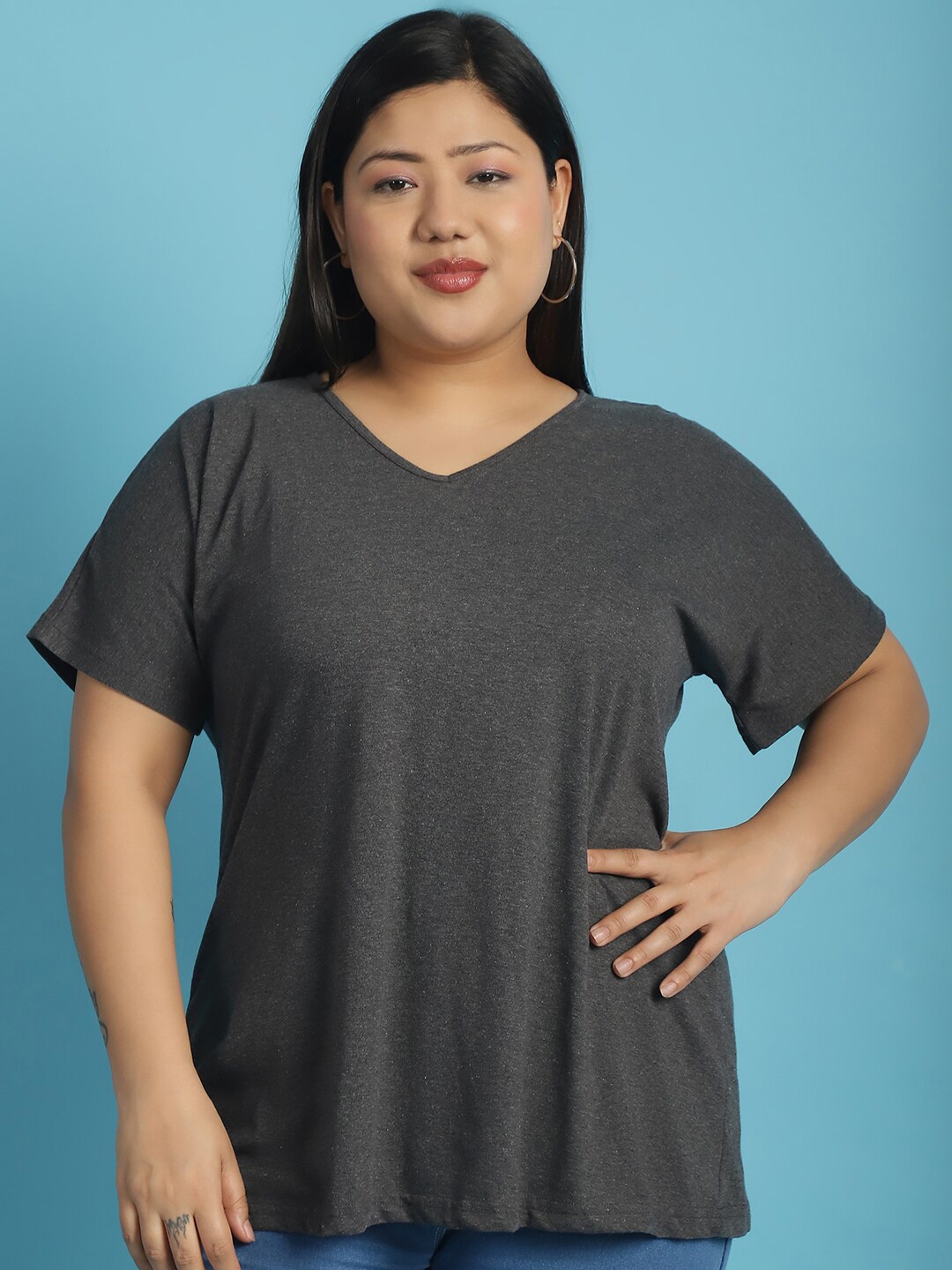 

theRebelinme Plus Size V-Neck Extended Sleeves Cotton T-shirt, Charcoal