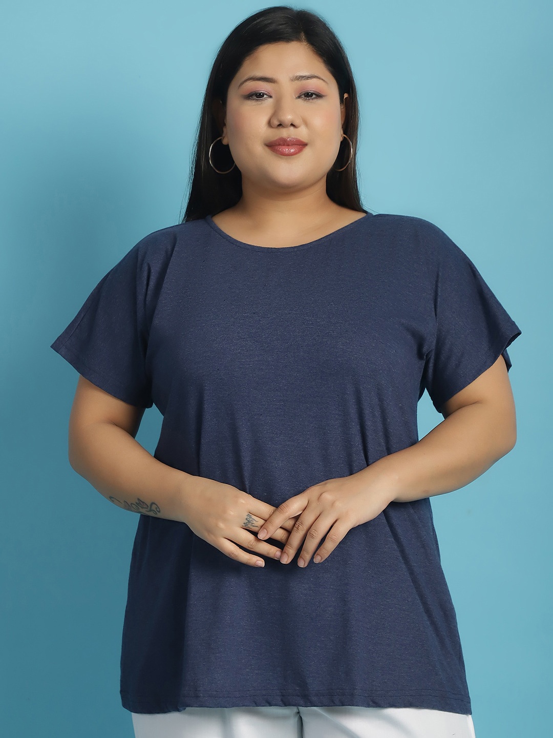 

theRebelinme Plus Size Boat Neck Extended Sleeves Cotton T-shirt, Blue