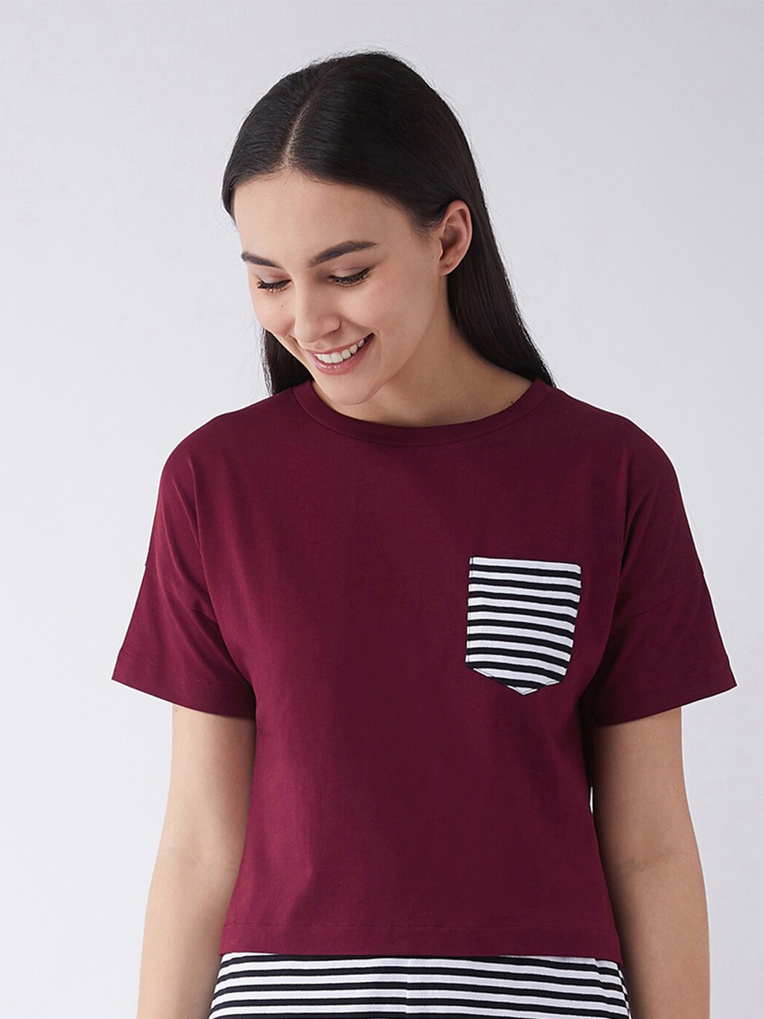 

BAESD Drop-Shoulder Sleeves Pure Cotton Pockets T-shirt, Maroon