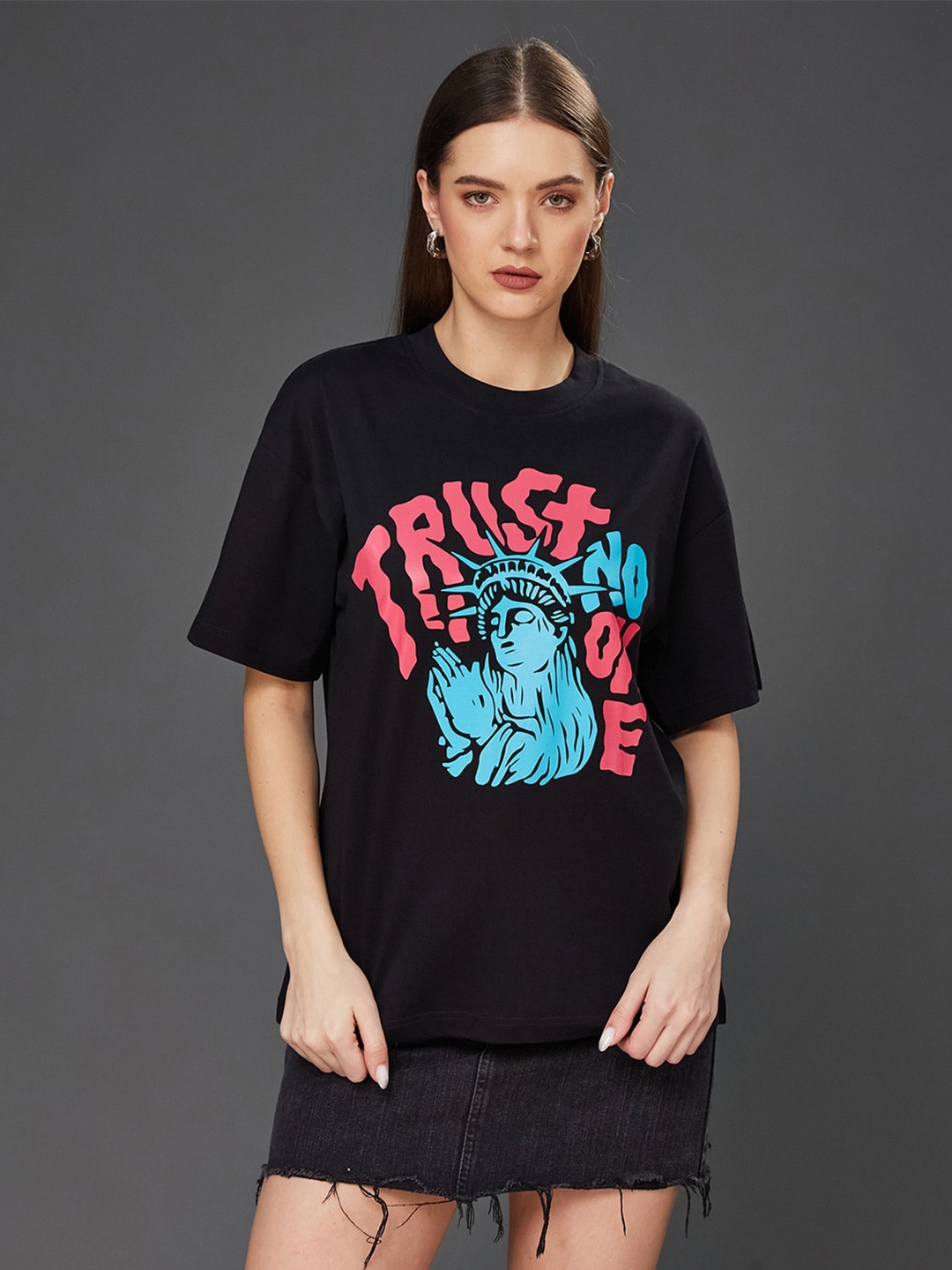 

BAESD Round Neck Typography Printed Regular Oversized Cotton T-Shirt, Black