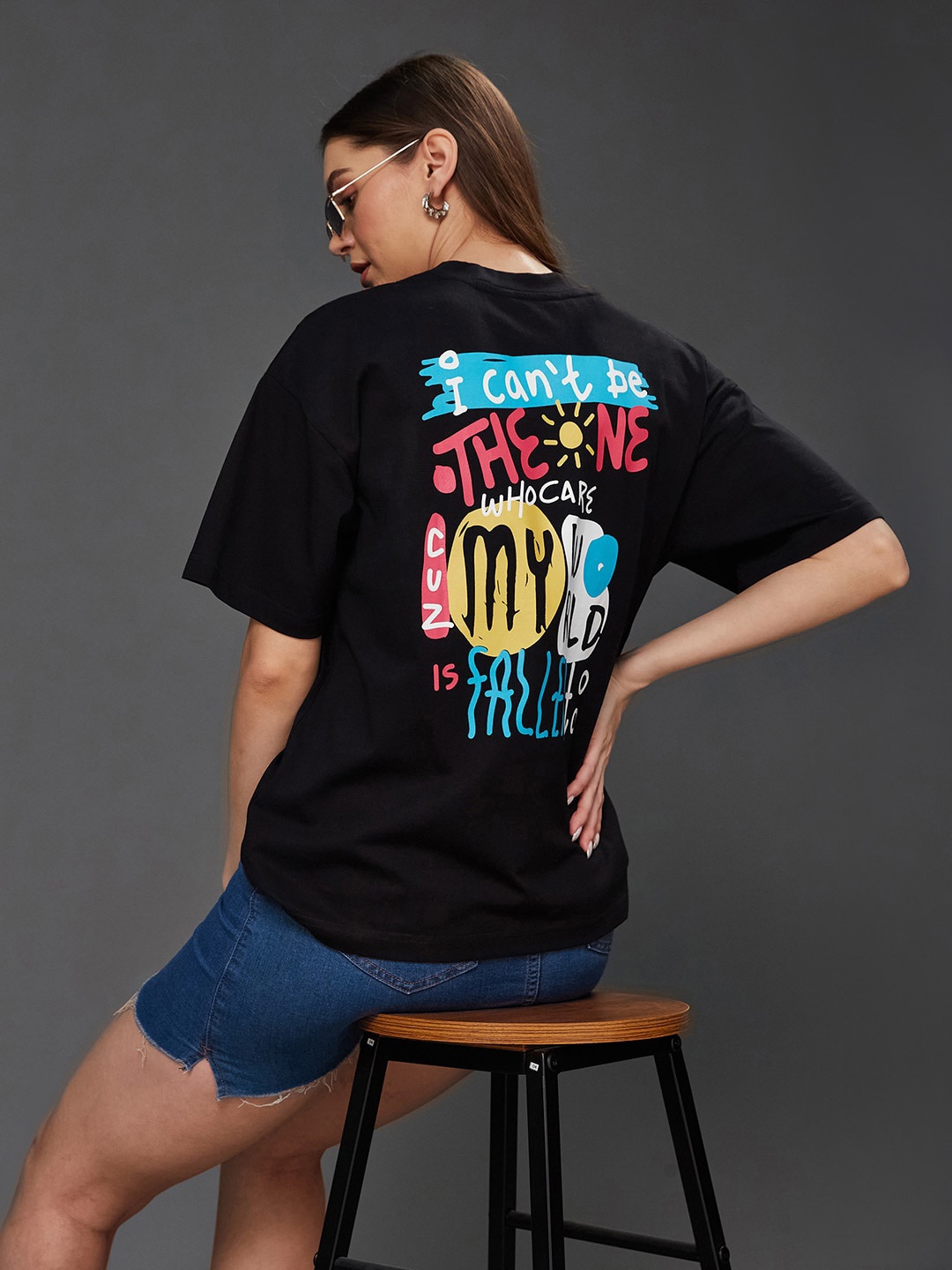 

BAESD Typography Printed Oversized Drop-Shoulder Sleeves Pure Cotton T-shirt, Black