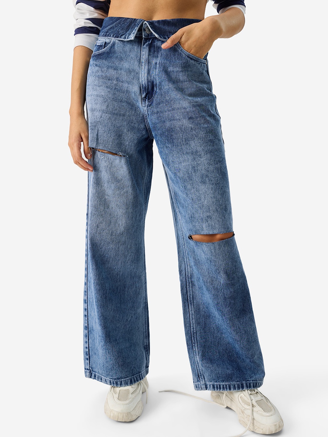 

The Souled Store Blue Women Wide Leg Highly Distressed Heavy Fade Stretchable Jeans