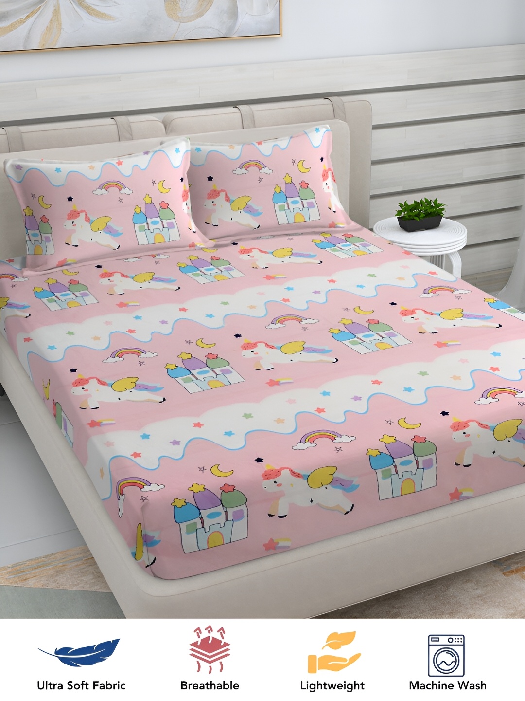 

FABINALIV Pink & White Cartoon Print 300 TC King Size Bedsheet & 2 Pillow Covers