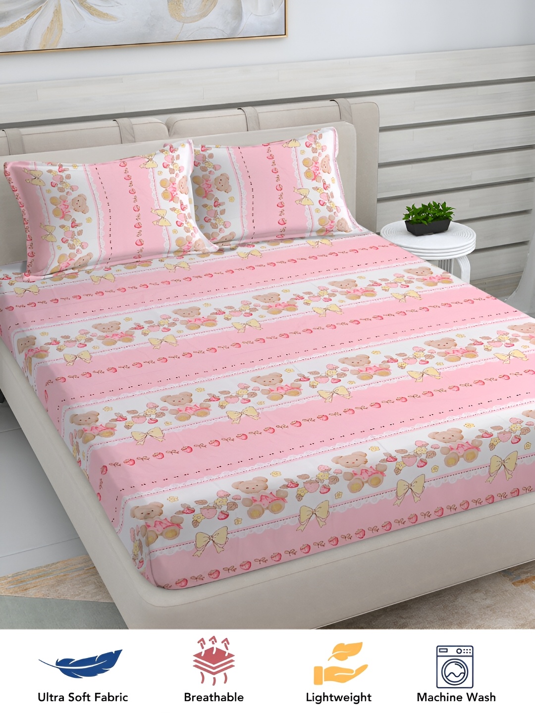 

FABINALIV Pink & White Cartoon Print 300 TC King Size Bedsheet & 2 Pillow Covers