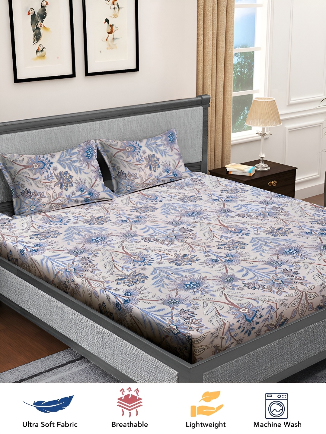 

FABINALIV Grey & Blue Floral Print 300 TC King Size Bedsheet & 2 Pillow Covers