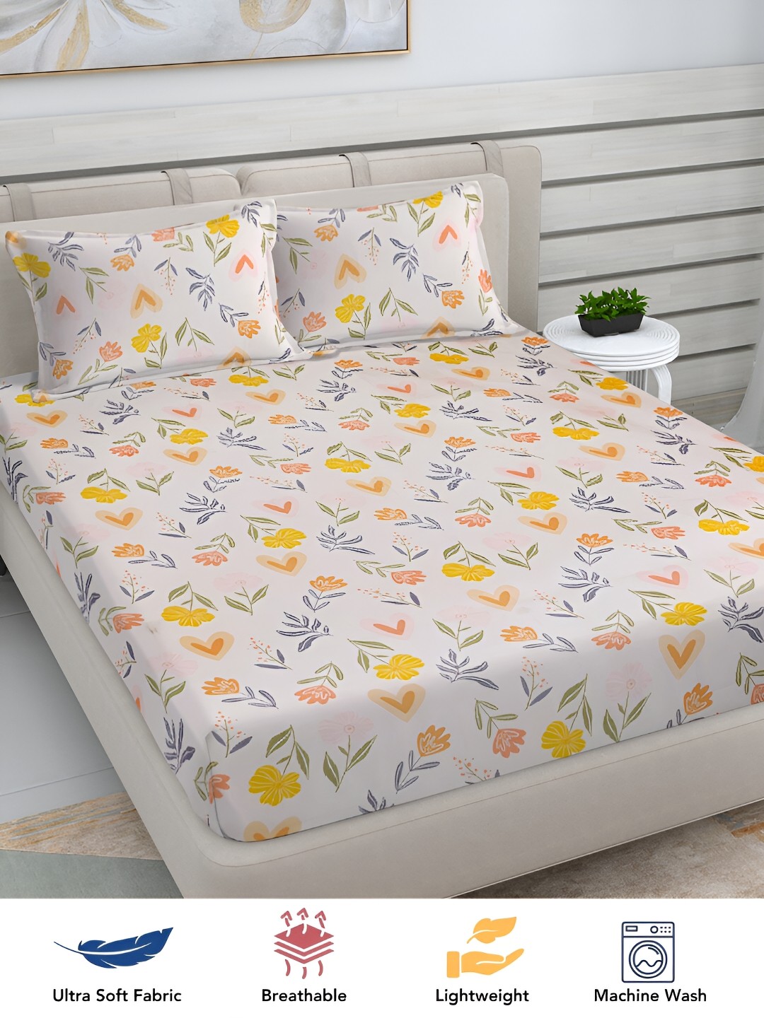 

FABINALIV Cream & Yellow Floral Print 300 TC King Size Bedsheet & 2 Pillow Covers