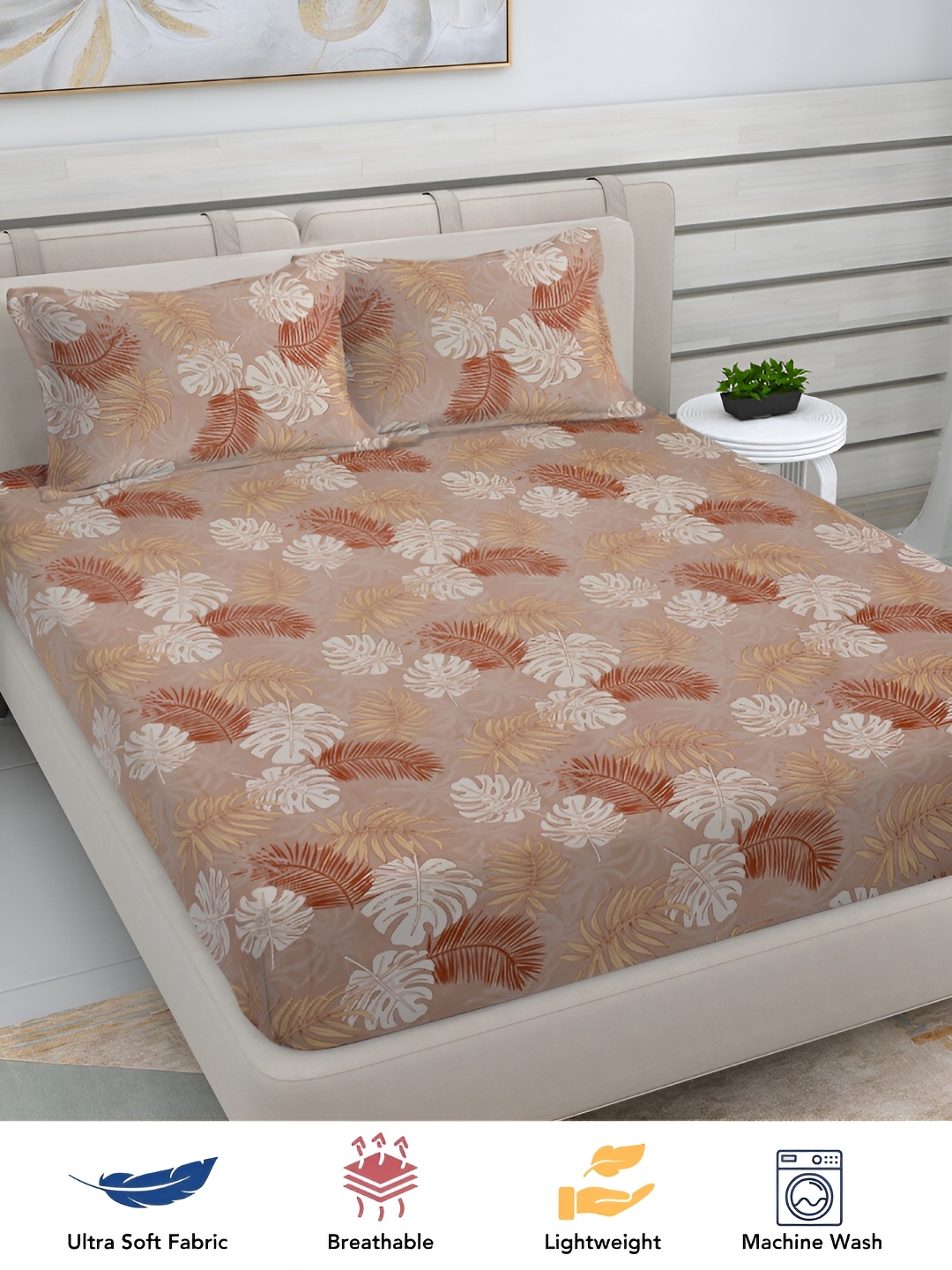 

FABINALIV Brown & White Floral Print 300 TC King Size Bedsheet & 2 Pillow Covers