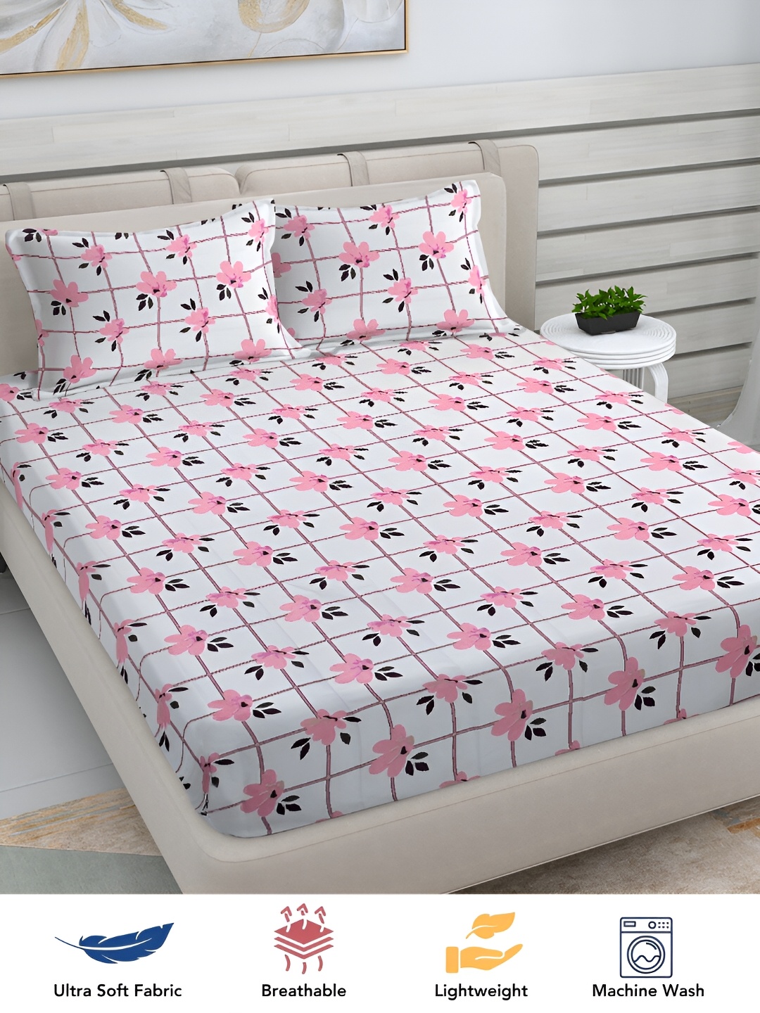 

FABINALIV Pink & White Floral Print 300 TC King Size Bedsheet & 2 Pillow Covers