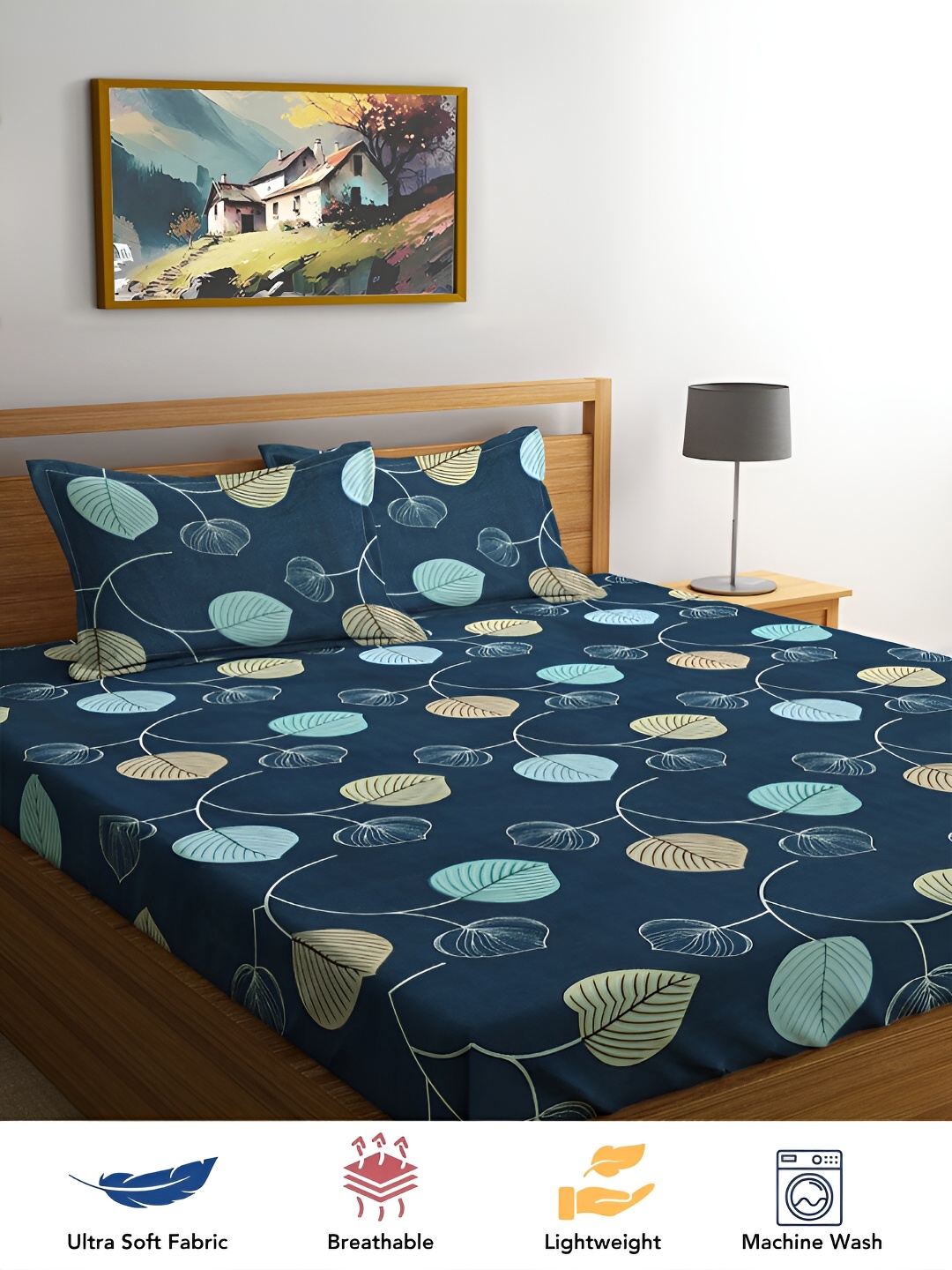 

FABINALIV Blue & Beige Floral Print 300 TC King Size Bedsheet & 2 Pillow Covers