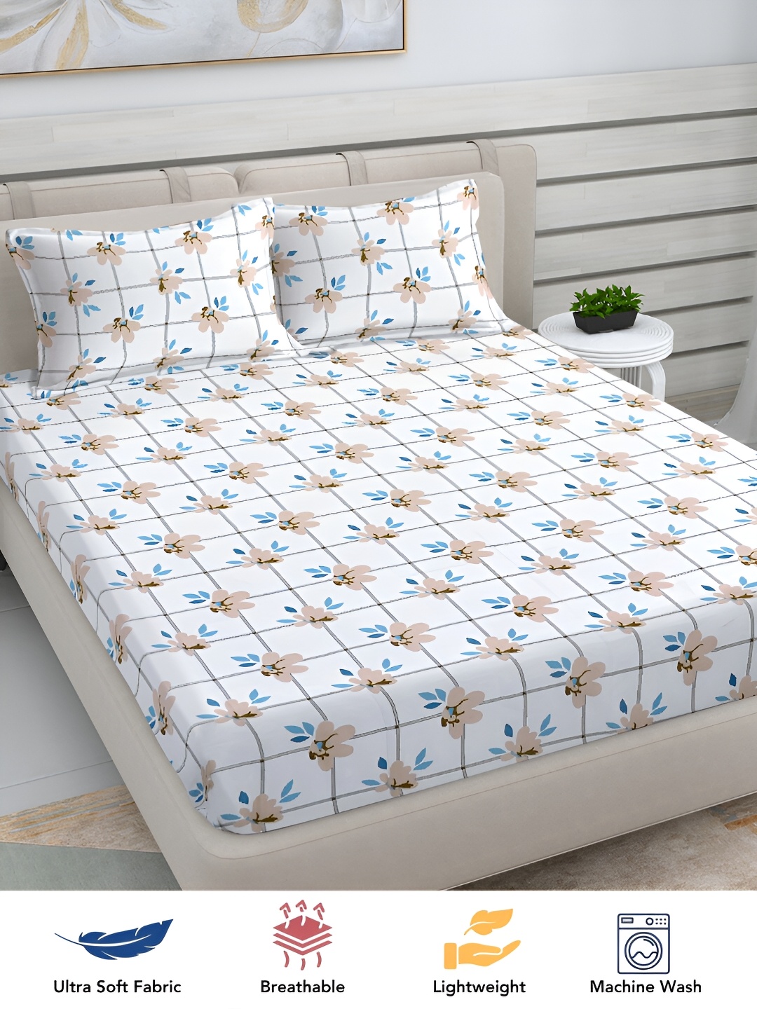 

FABINALIV White & Blue Floral Print 300 TC King Size Bedsheet & 2 Pillow Covers