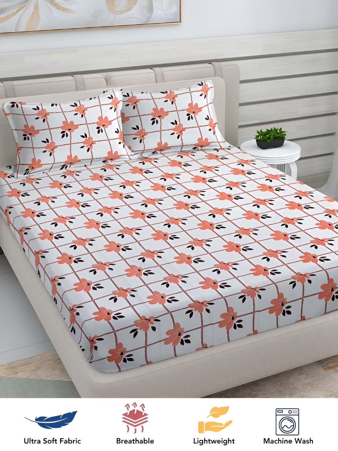 

FABINALIV Orange & White Floral Print 300 TC King Size Bedsheet & 2 Pillow Covers