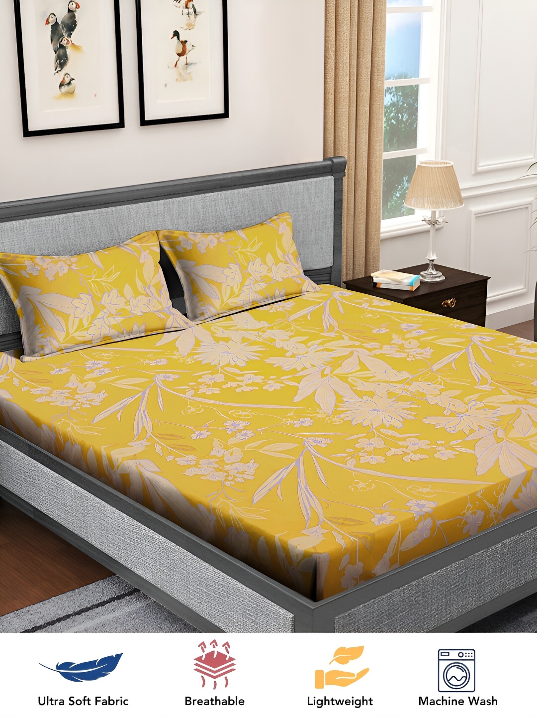 

FABINALIV Yellow & Lavender Floral Print 300 TC King Size Bedsheet & 2 Pillow Covers