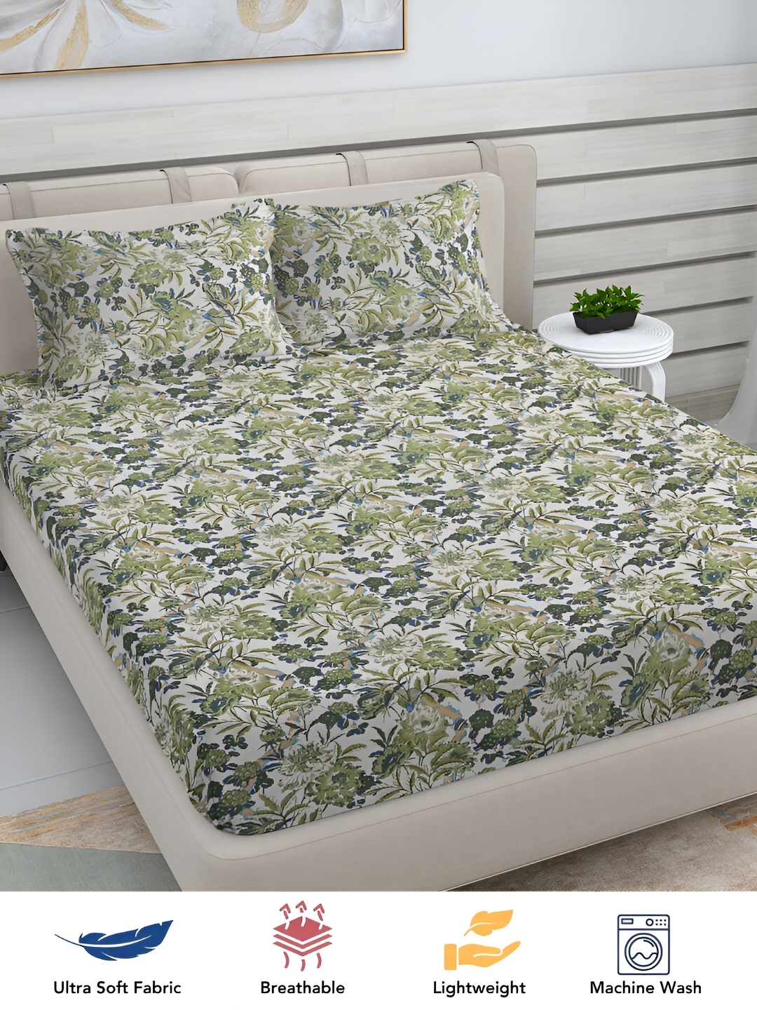 

FABINALIV Green & White Floral Print 300 TC King Size Bedsheet & 2 Pillow Covers