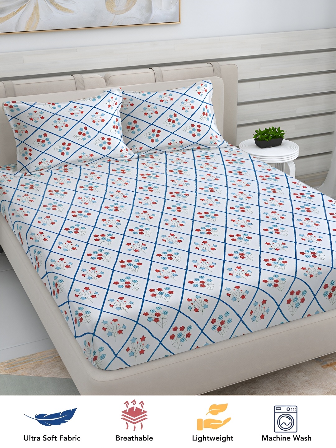 

FABINALIV White & Blue Floral Print 300 TC King Size Bedsheet & 2 Pillow Covers