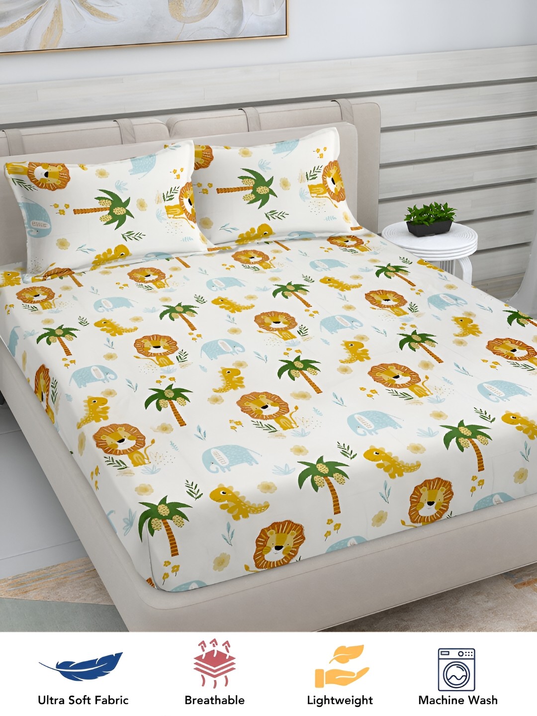 

FABINALIV White & Brown Cartoon Print 300 TC King Size Bedsheet & 2 Pillow Covers