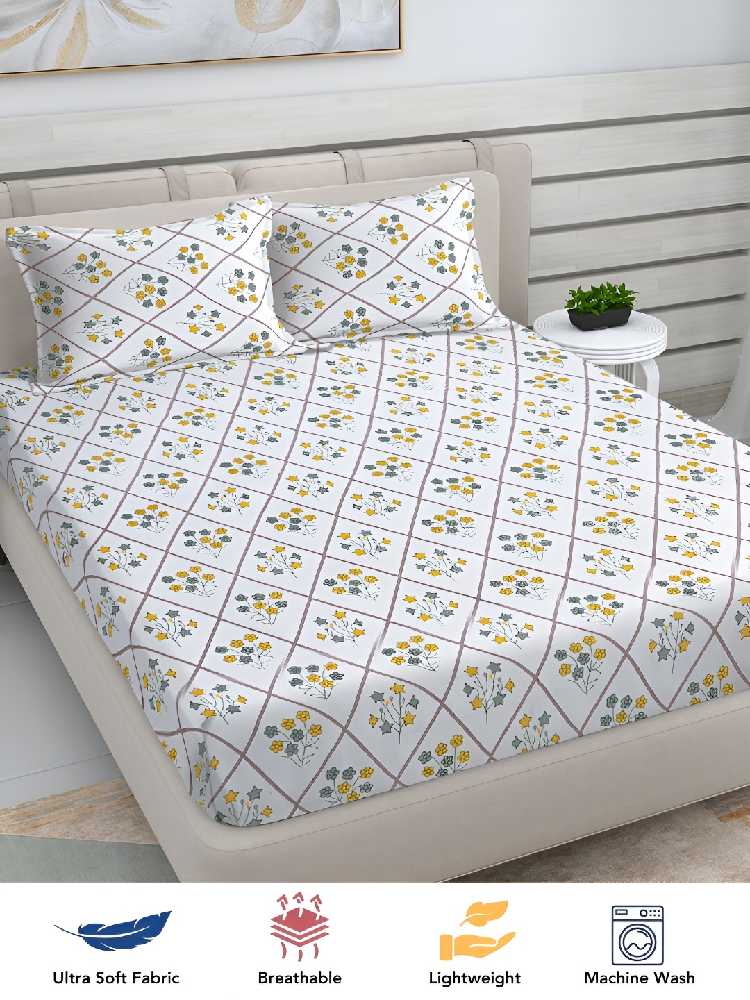 

FABINALIV White & Yellow Floral Print 300 TC King Size Bedsheet & 2 Pillow Covers