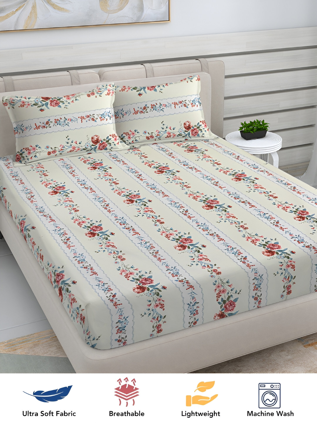 

FABINALIV Cream & Red Floral Print 300 TC King Size Bedsheet & 2 Pillow Covers
