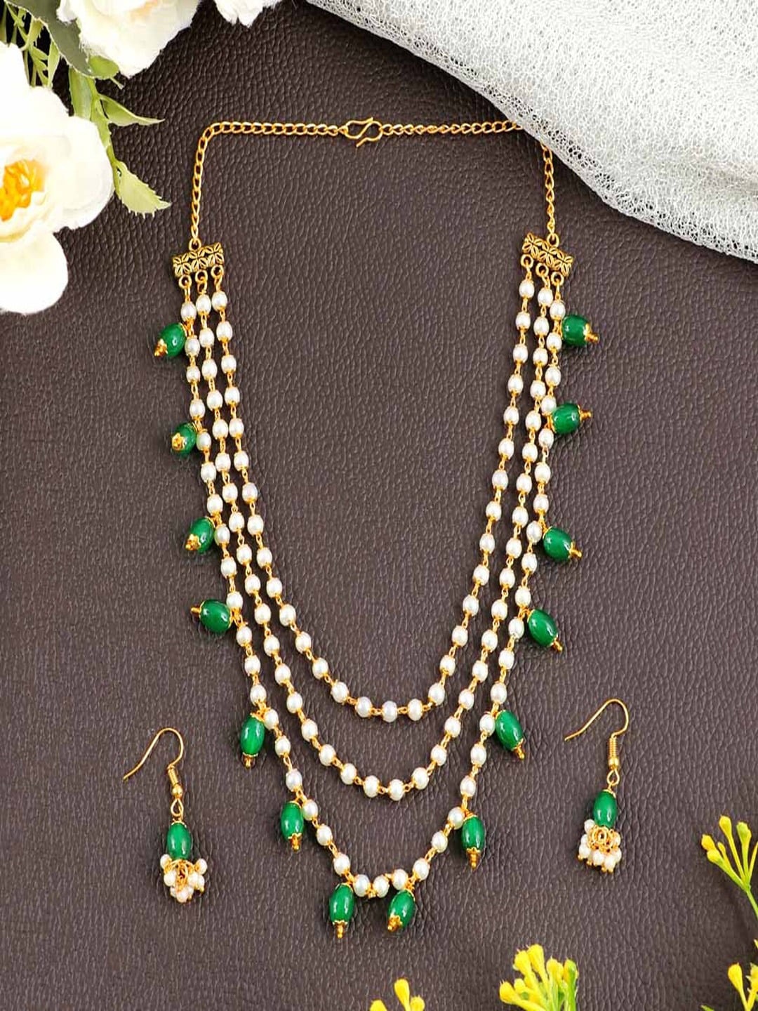 

UNIVERSITY TRENDZ Gold-Plated Triple Layered Pearl- Studded Jewellery Set, Green